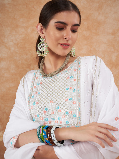 White Embroidered Cotton Anarkali Suit with Dupatta