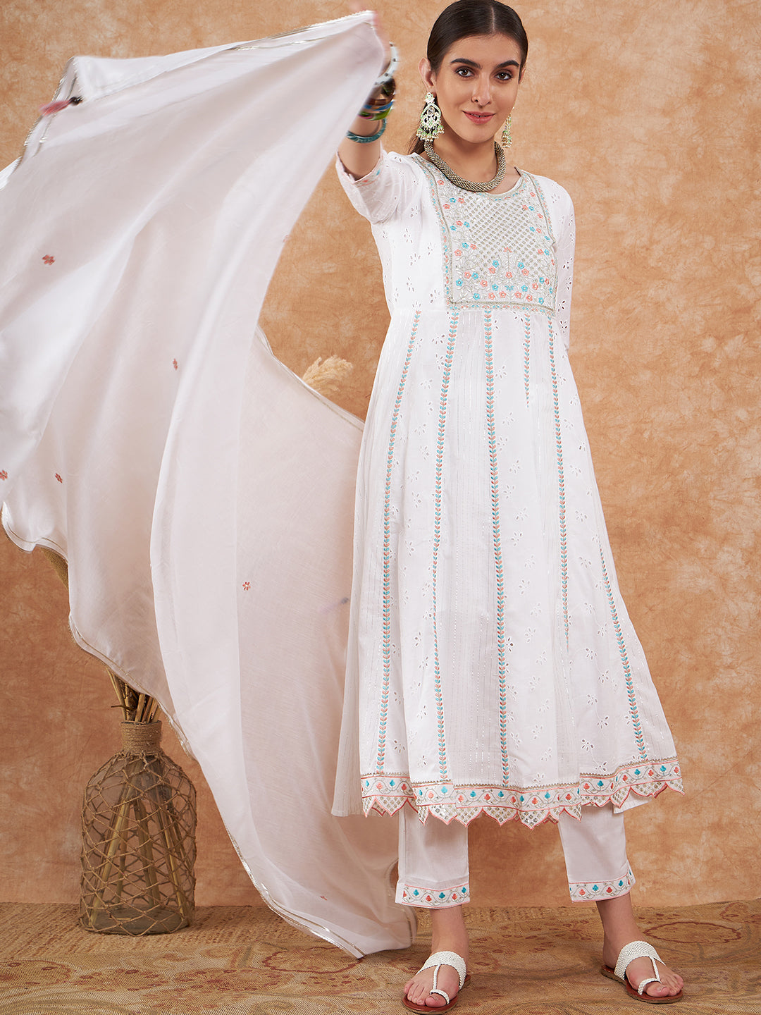 White Embroidered Cotton Anarkali Suit with Dupatta