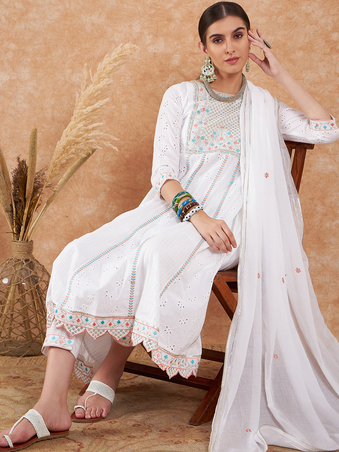 White Embroidered Cotton Anarkali Suit with Dupatta