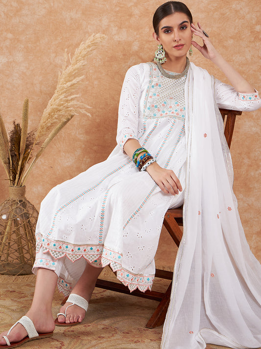 White Embroidered Cotton Anarkali Suit with Dupatta