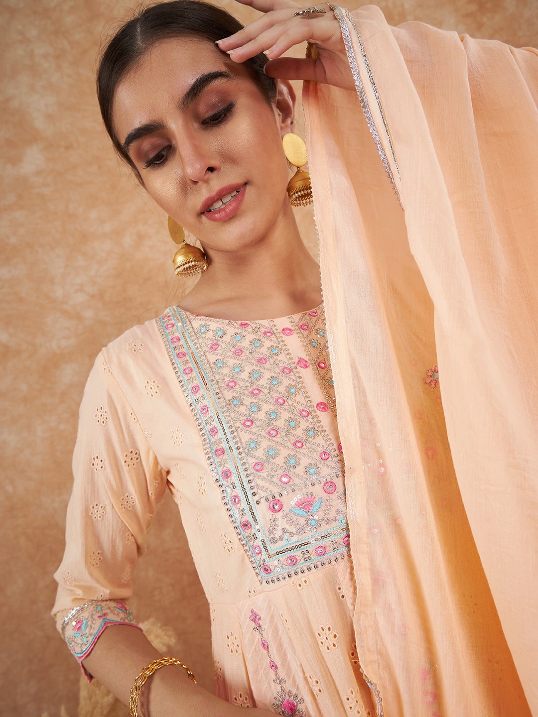 Peach Embroidered Anarkali Suit