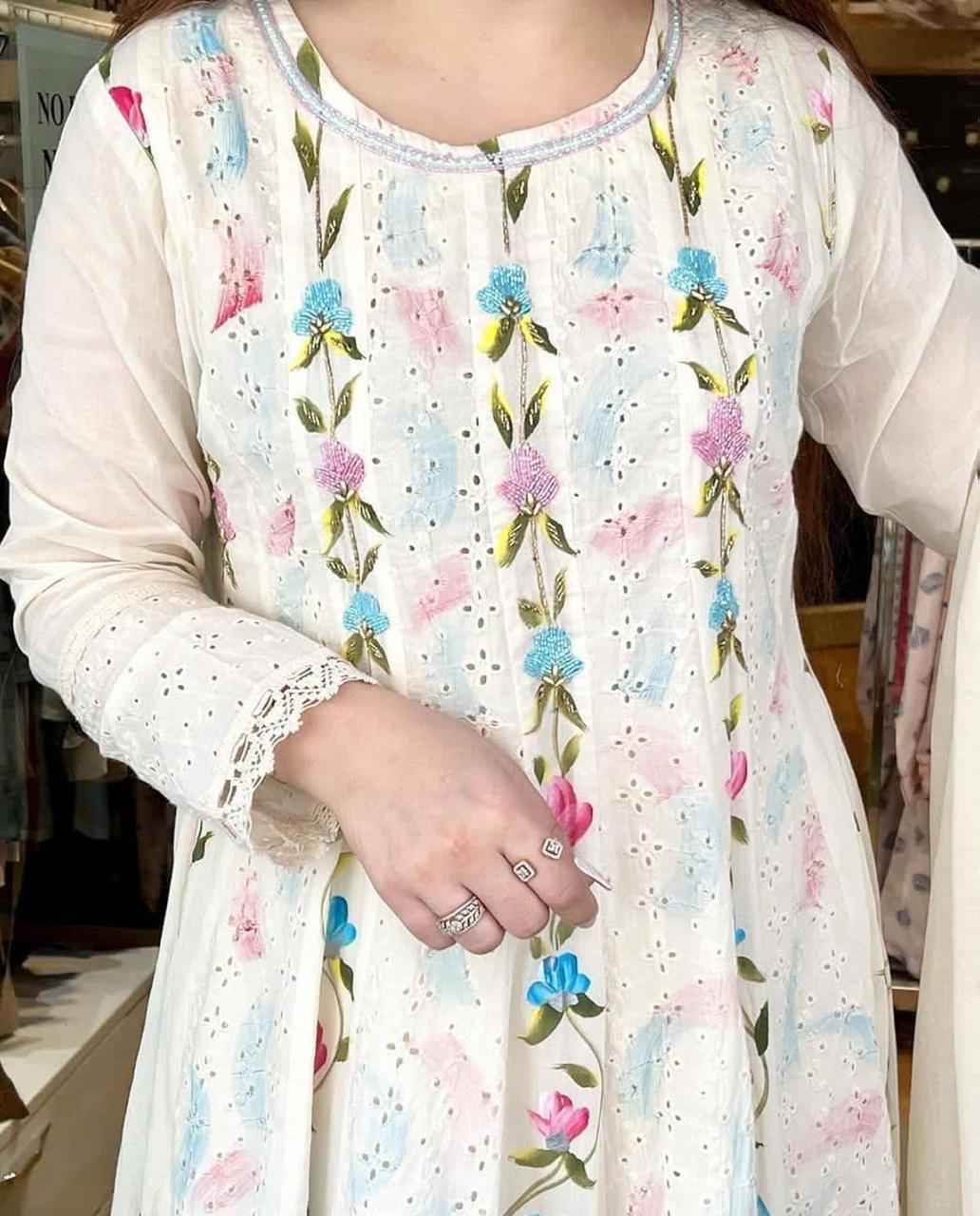 Elegant Floral Embroidered Cotton Anarkali Kurta Set with Dupatta