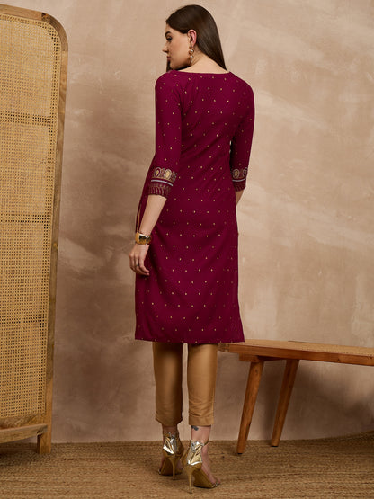 Women's Maroon Embroidered Straight Kurta Set