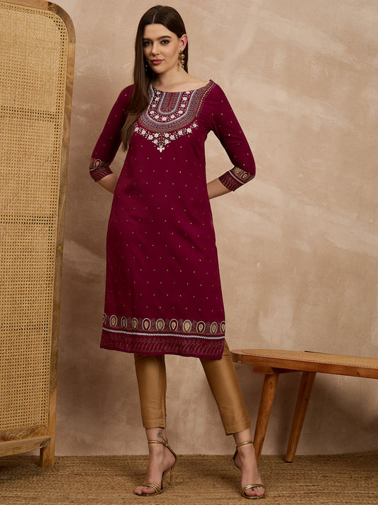 Women's Maroon Embroidered Straight Kurta Set