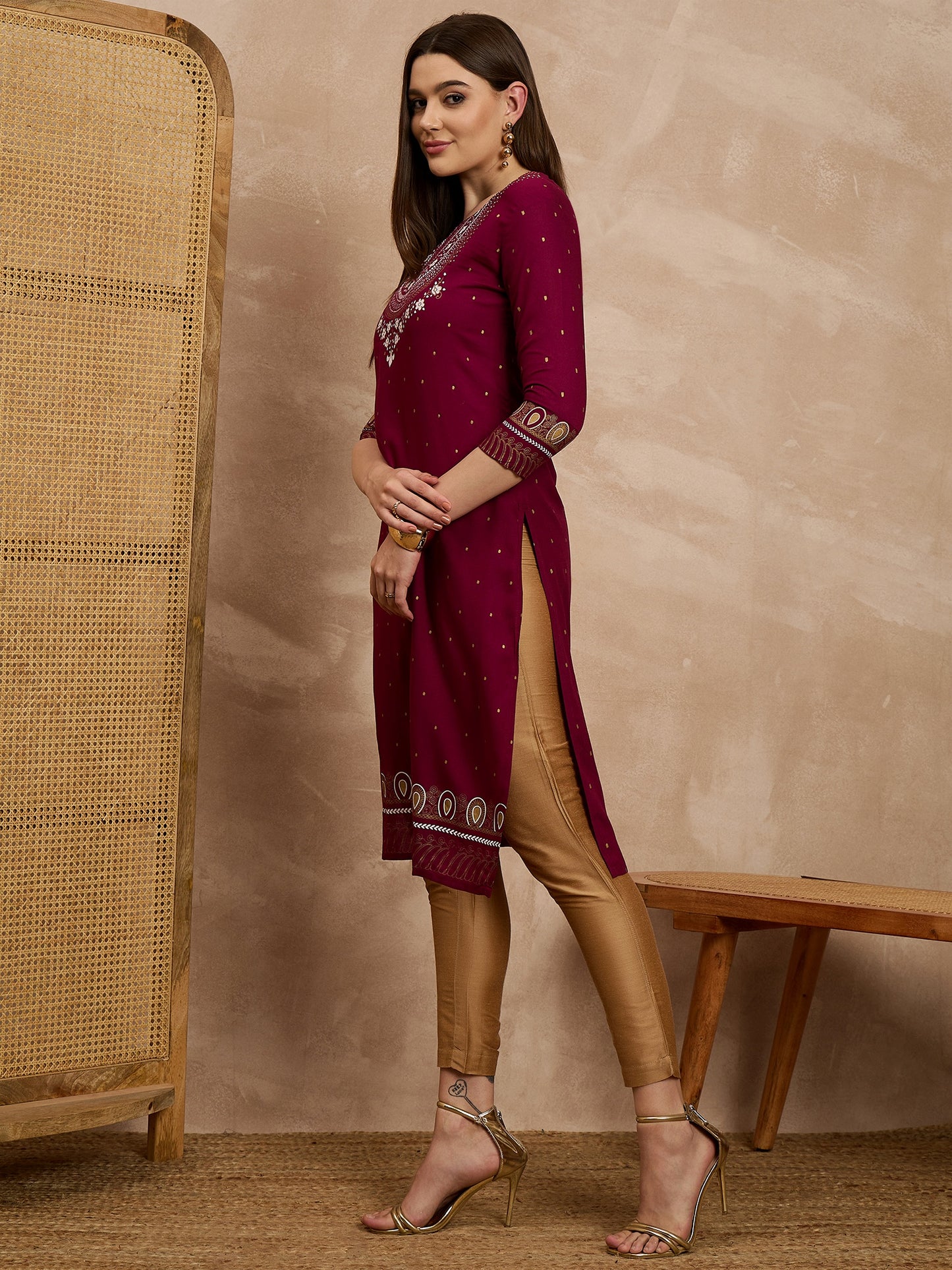 Women's Maroon Embroidered Straight Kurta Set