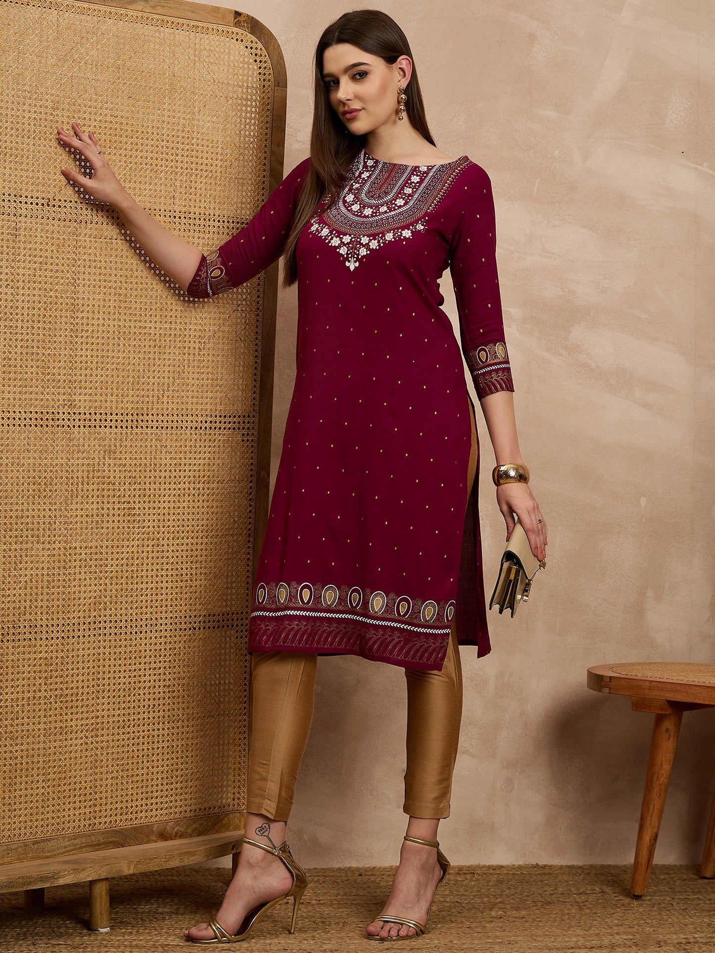 Women's Maroon Embroidered Straight Kurta Set