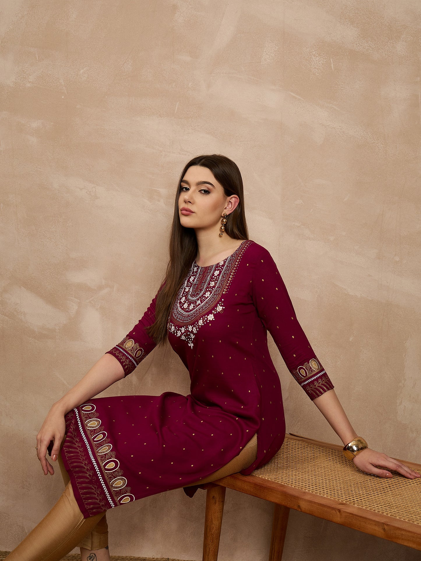 Women's Maroon Embroidered Straight Kurta Set