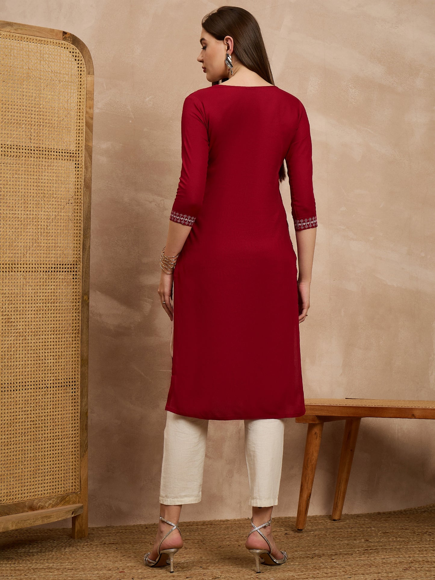 Maroon Printed Straight Kurta with Off-White Trousers