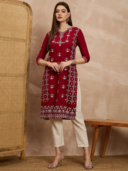 Maroon Printed Straight Kurta with Off-White Trousers