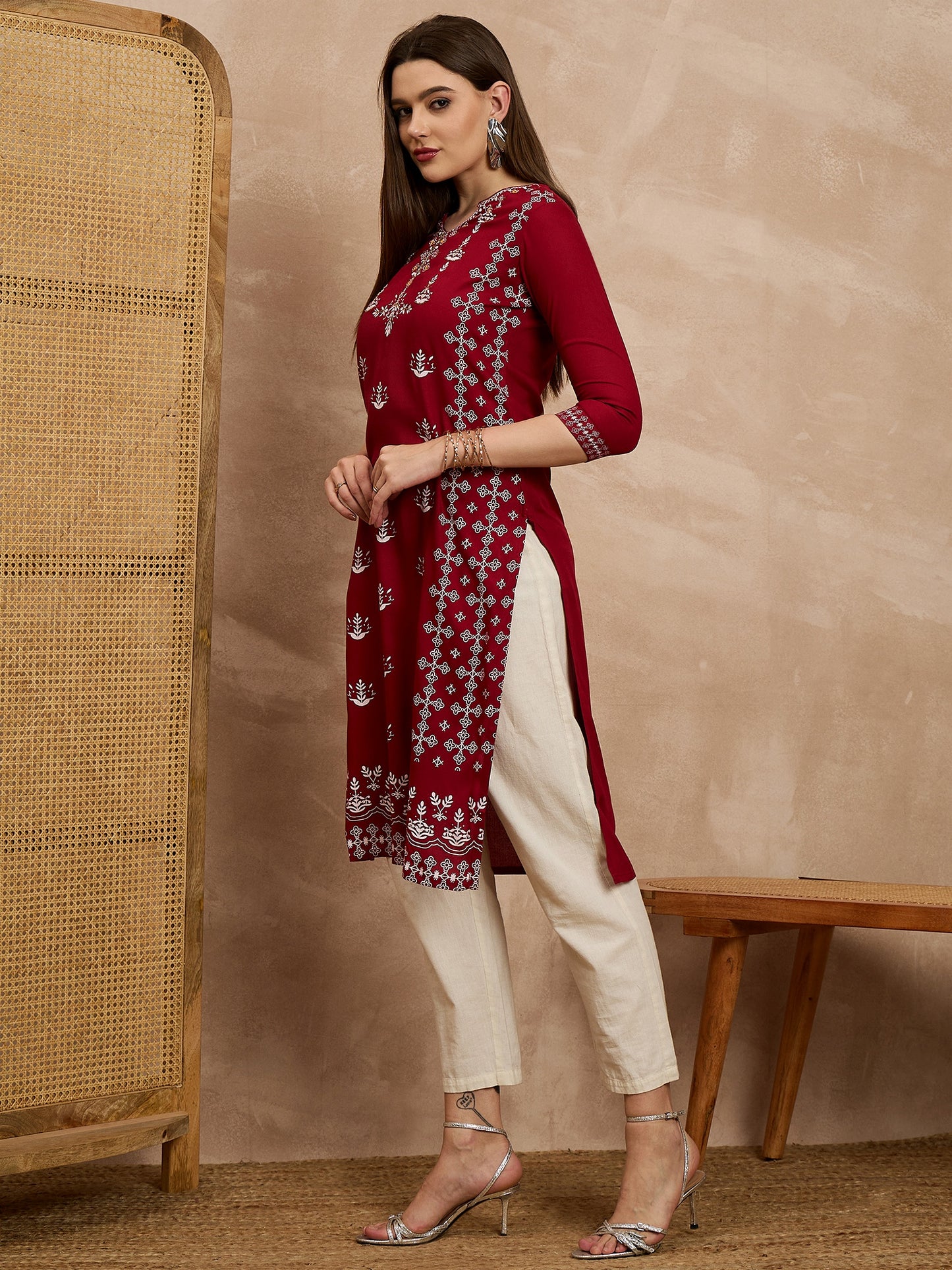 Maroon Printed Straight Kurta with Off-White Trousers