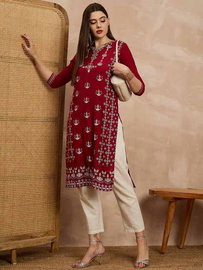 Maroon Printed Straight Kurta with Off-White Trousers