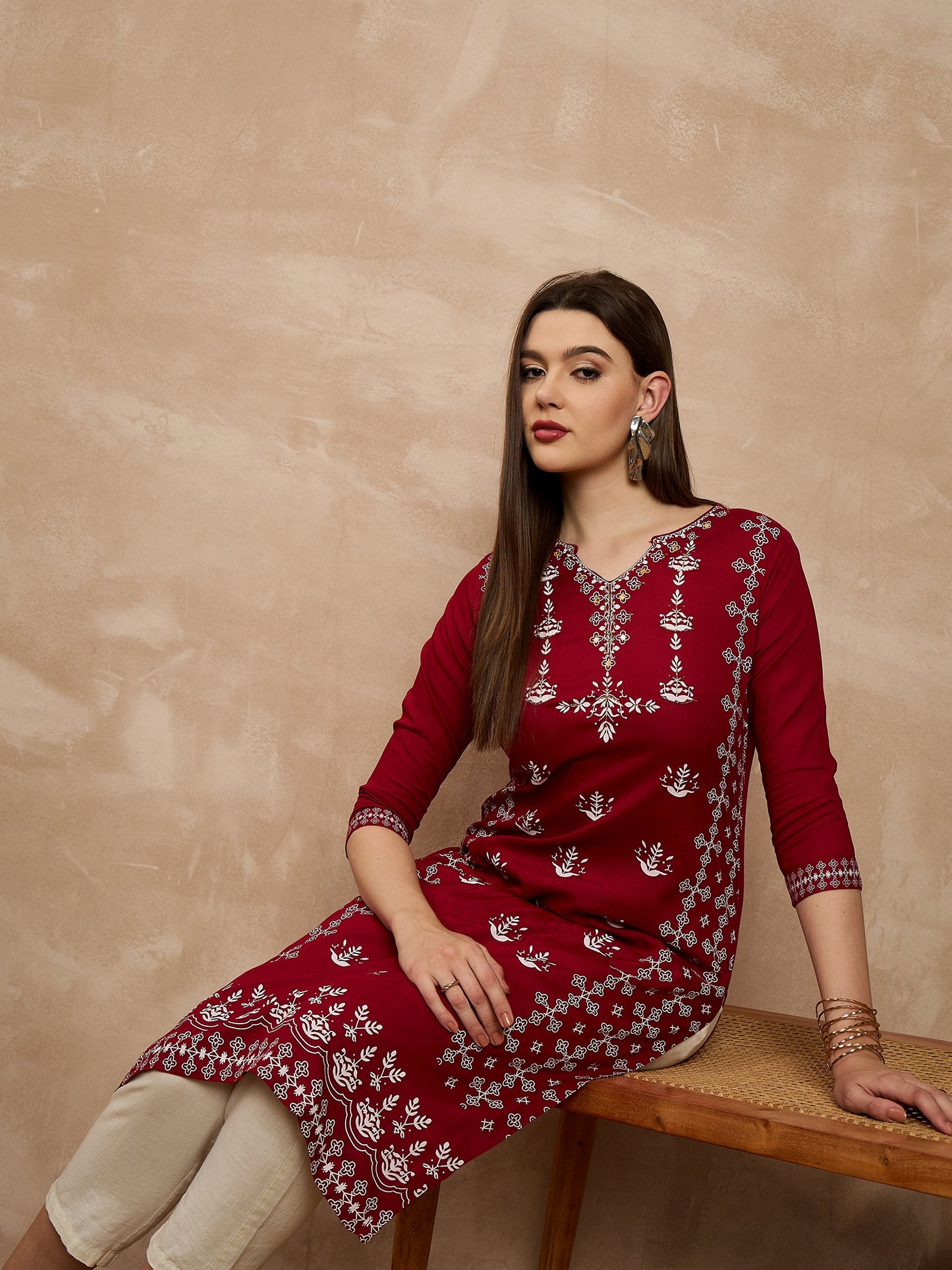 Maroon Printed Straight Kurta with Off-White Trousers