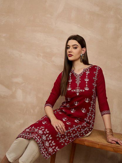 Maroon Printed Straight Kurta with Off-White Trousers