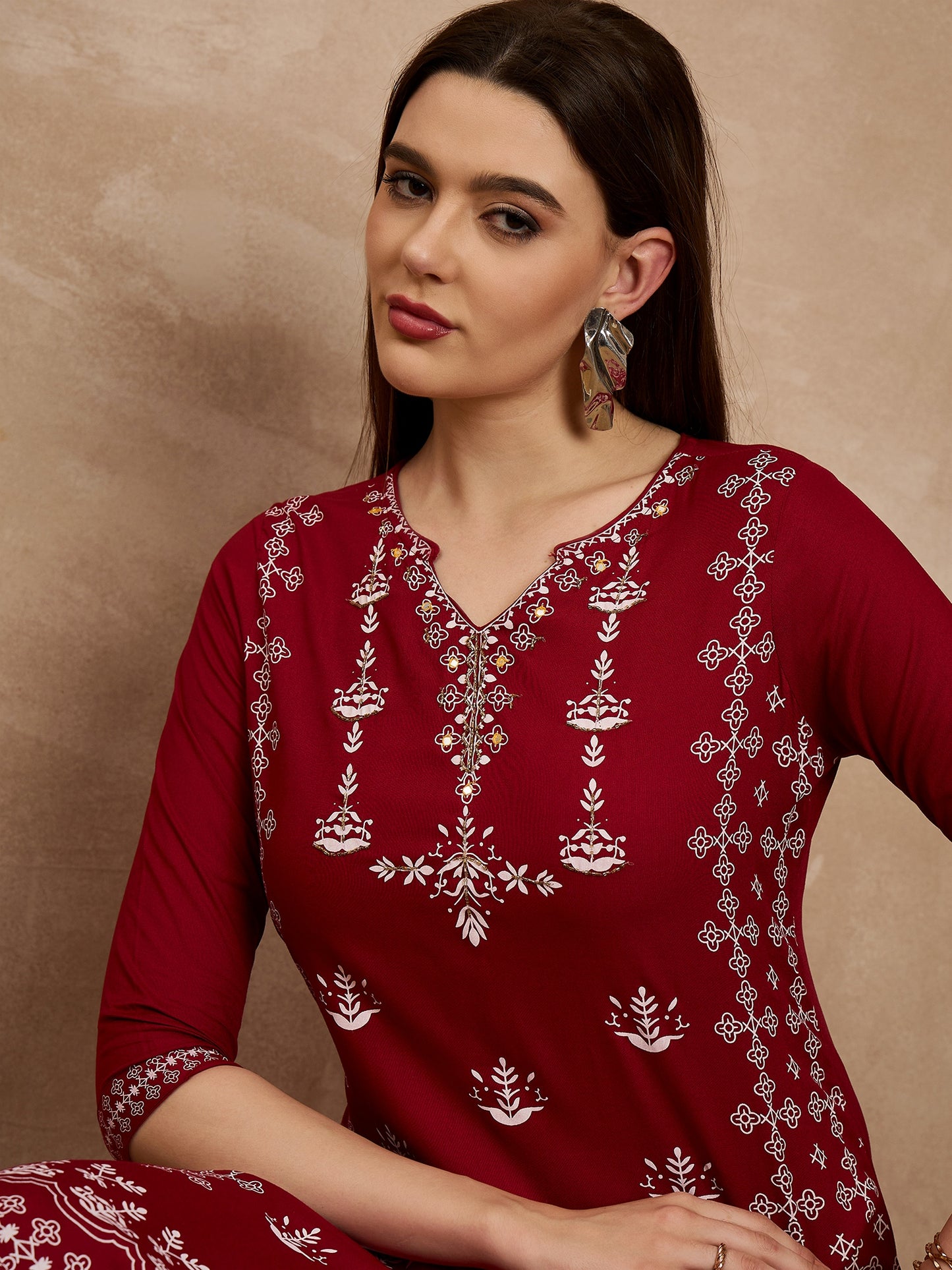 Maroon Printed Straight Kurta with Off-White Trousers