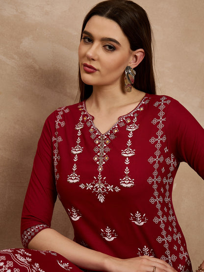 Maroon Printed Straight Kurta with Off-White Trousers
