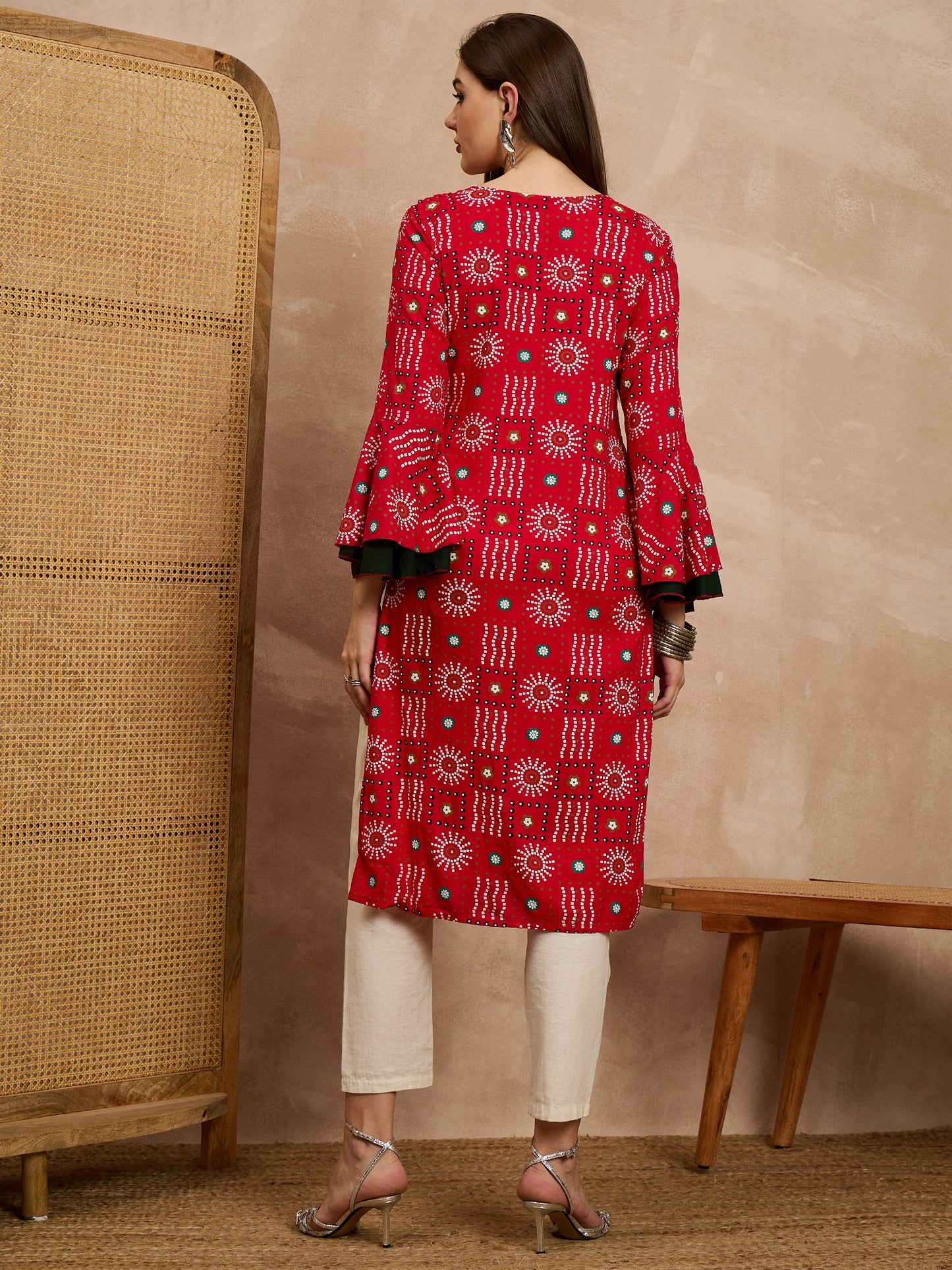 Red Printed Straight Kurti with Flared Sleeves