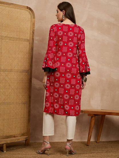 Red Printed Straight Kurti with Flared Sleeves
