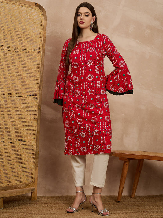 Red Printed Straight Kurti with Flared Sleeves