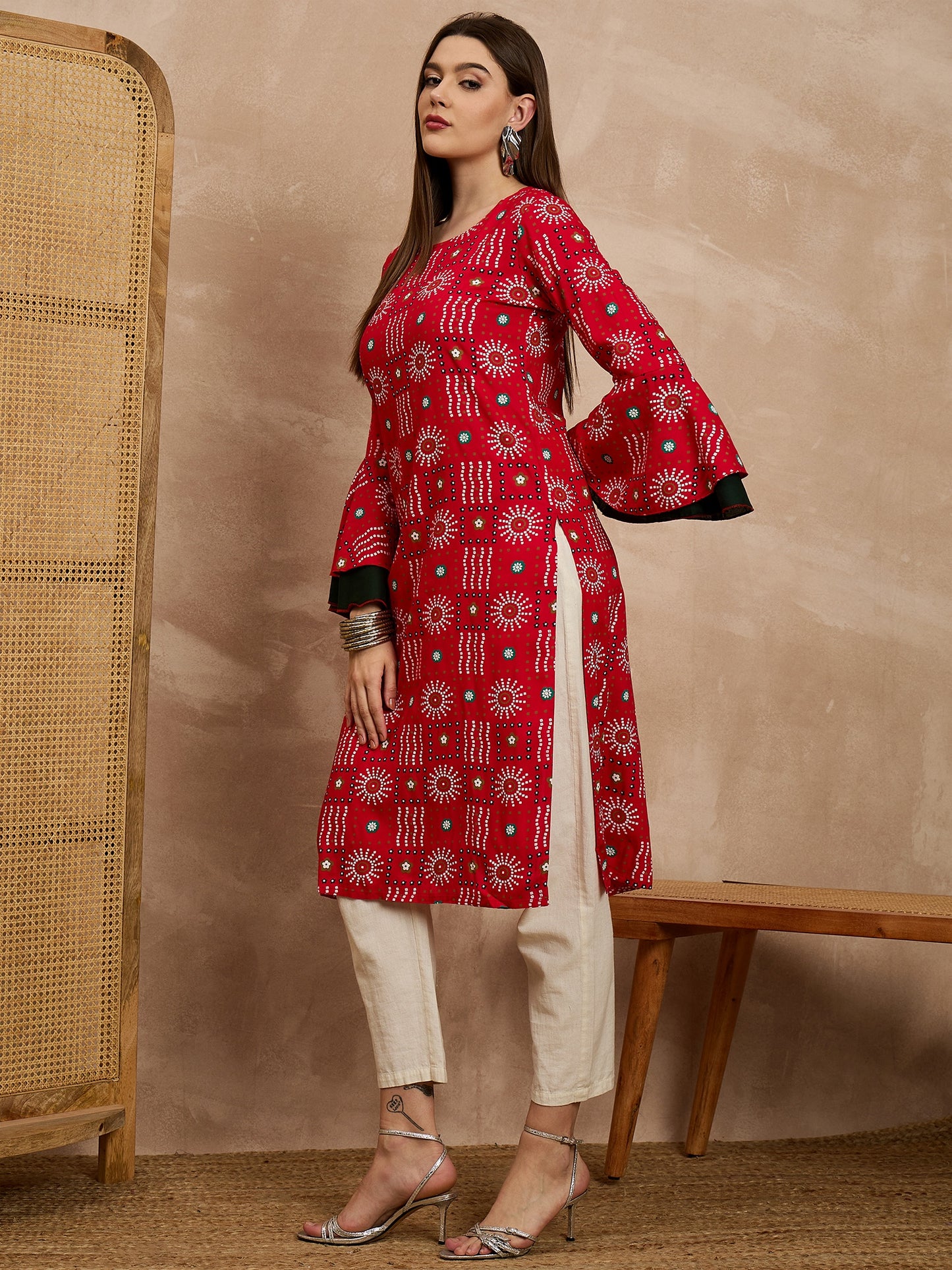 Red Printed Straight Kurti with Flared Sleeves