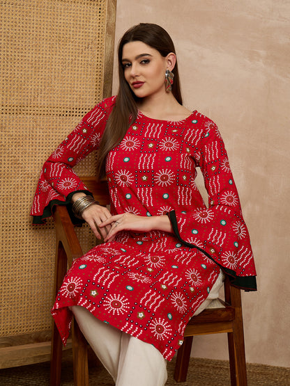 Red Printed Straight Kurti with Flared Sleeves