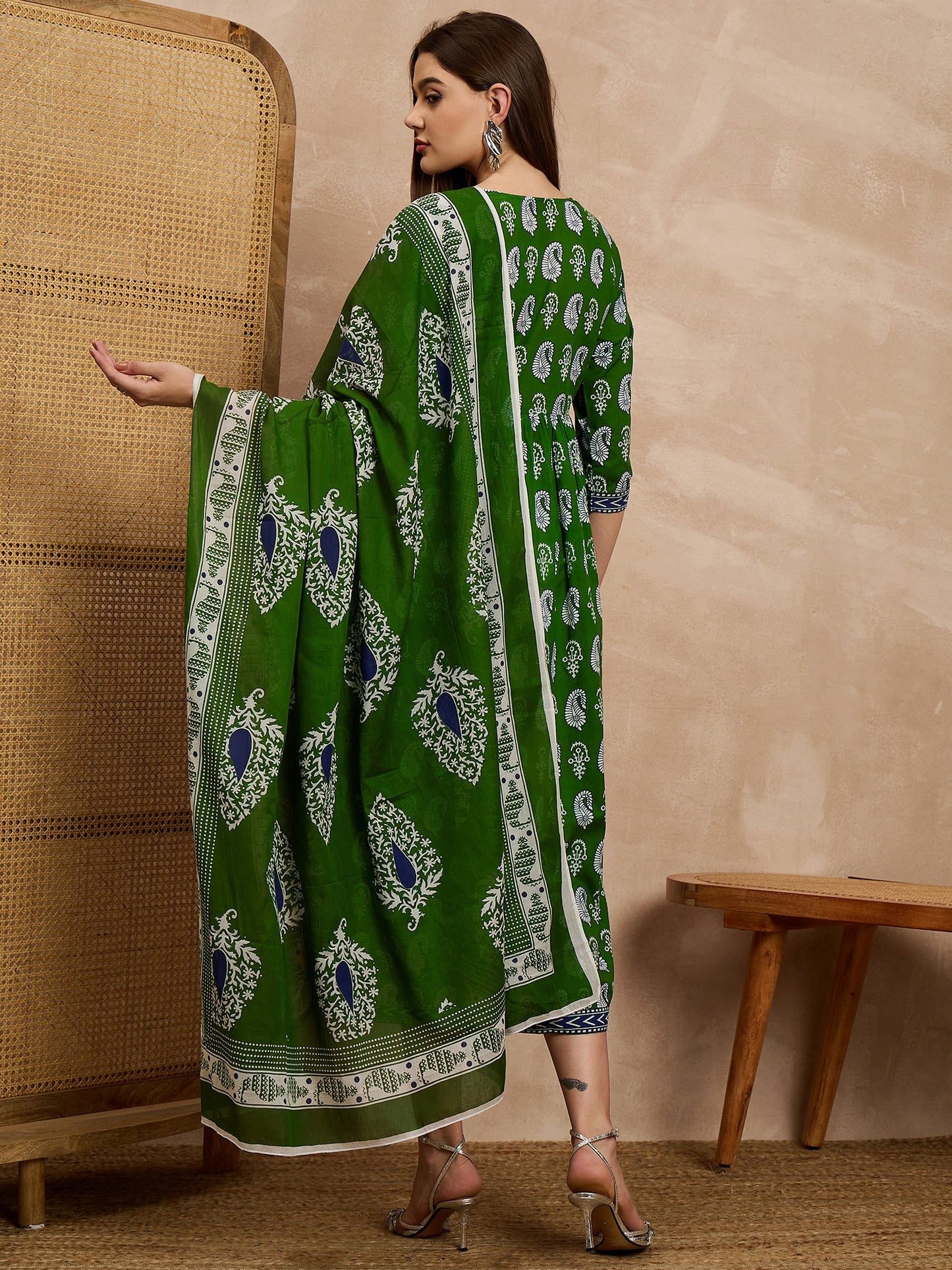 Green Printed Anarkali Kurta Set with Dupatta
