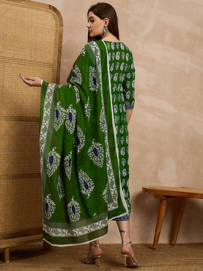 Green Printed Anarkali Kurta Set with Dupatta