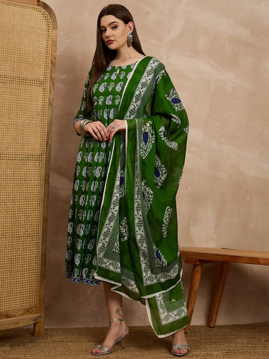 Green Printed Anarkali Kurta Set with Dupatta