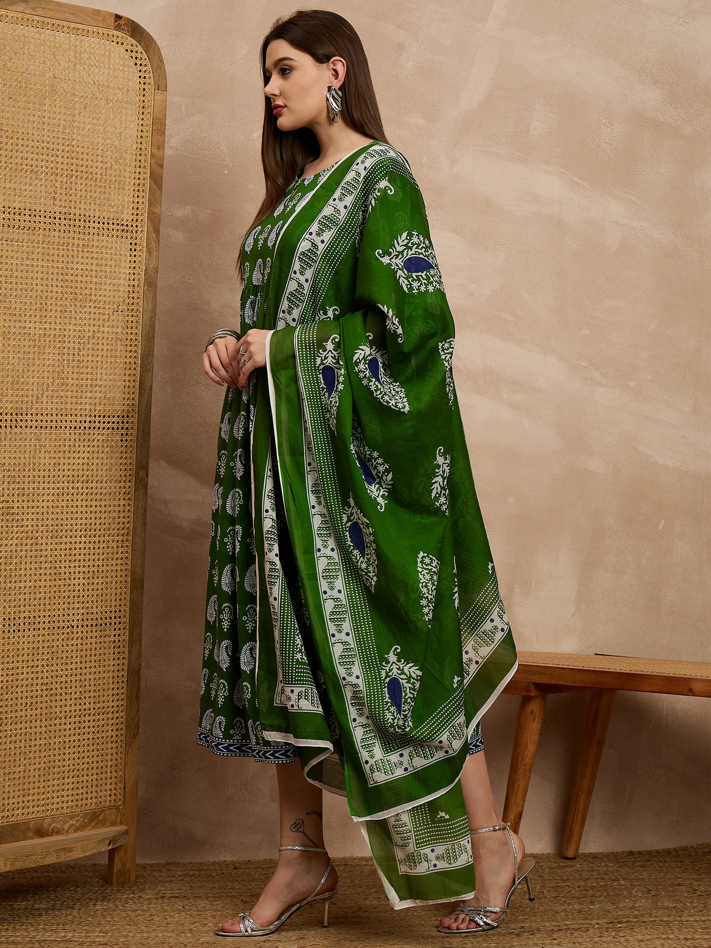 Green Printed Anarkali Kurta Set with Dupatta