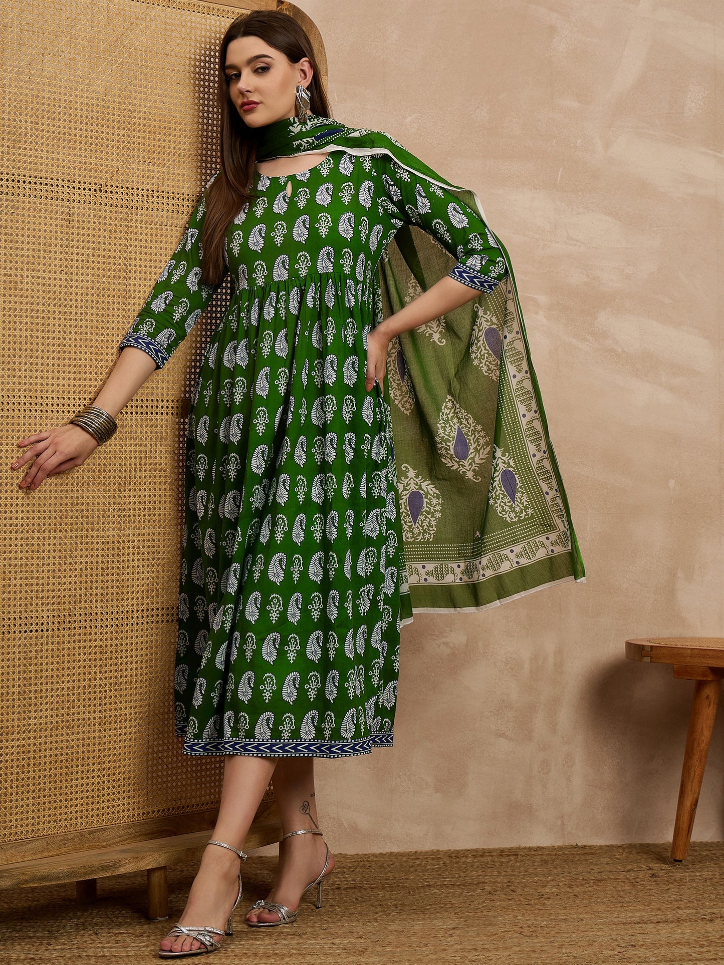 Green Printed Anarkali Kurta Set with Dupatta