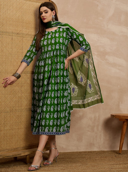 Green Printed Anarkali Kurta Set with Dupatta