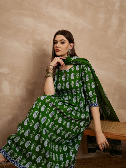Green Printed Anarkali Kurta Set with Dupatta