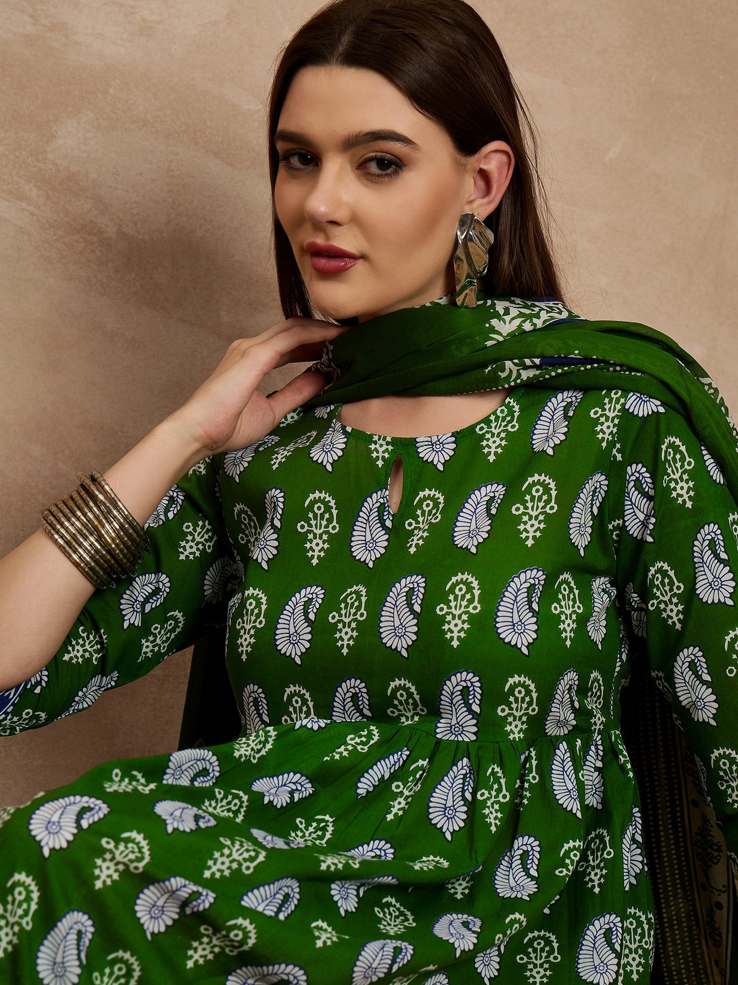 Green Printed Anarkali Kurta Set with Dupatta