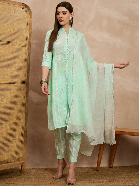 Light Green Embroidered Straight Kurta Set with Dupatta