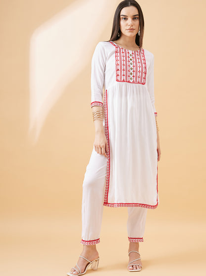White & Red Embroidered Straight Kurta Set with Pants