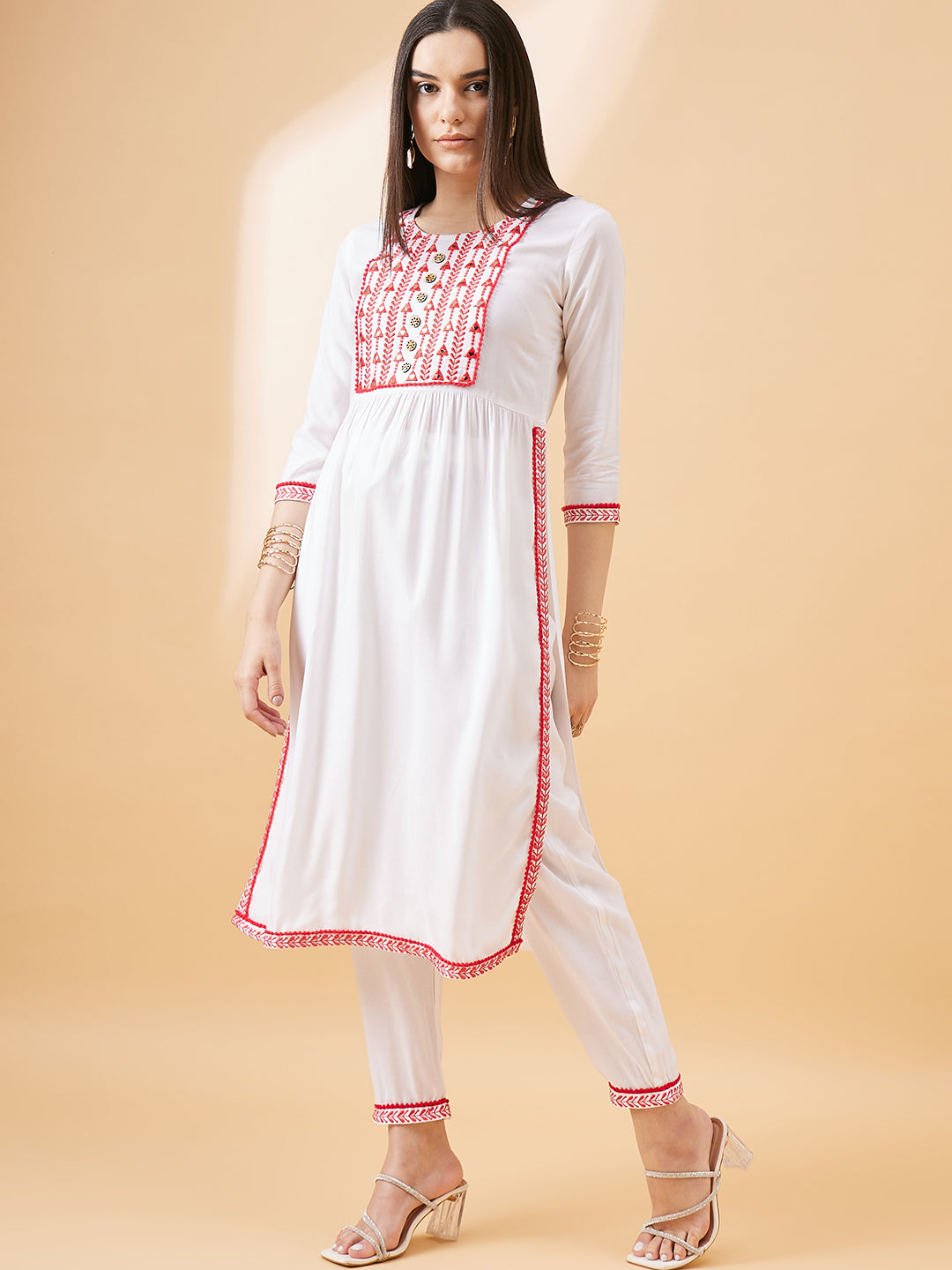 White & Red Embroidered Straight Kurta Set with Pants