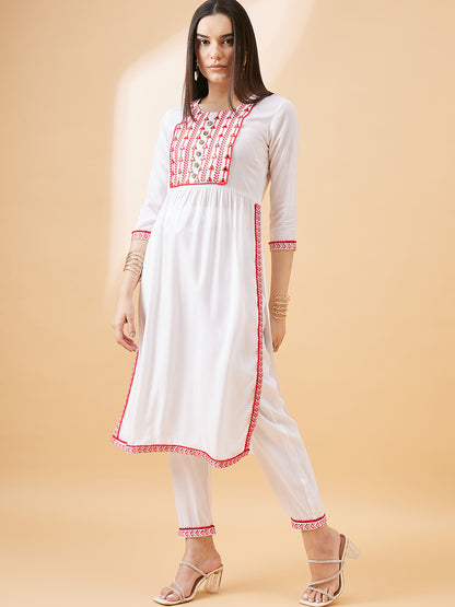 White & Red Embroidered Straight Kurta Set with Pants