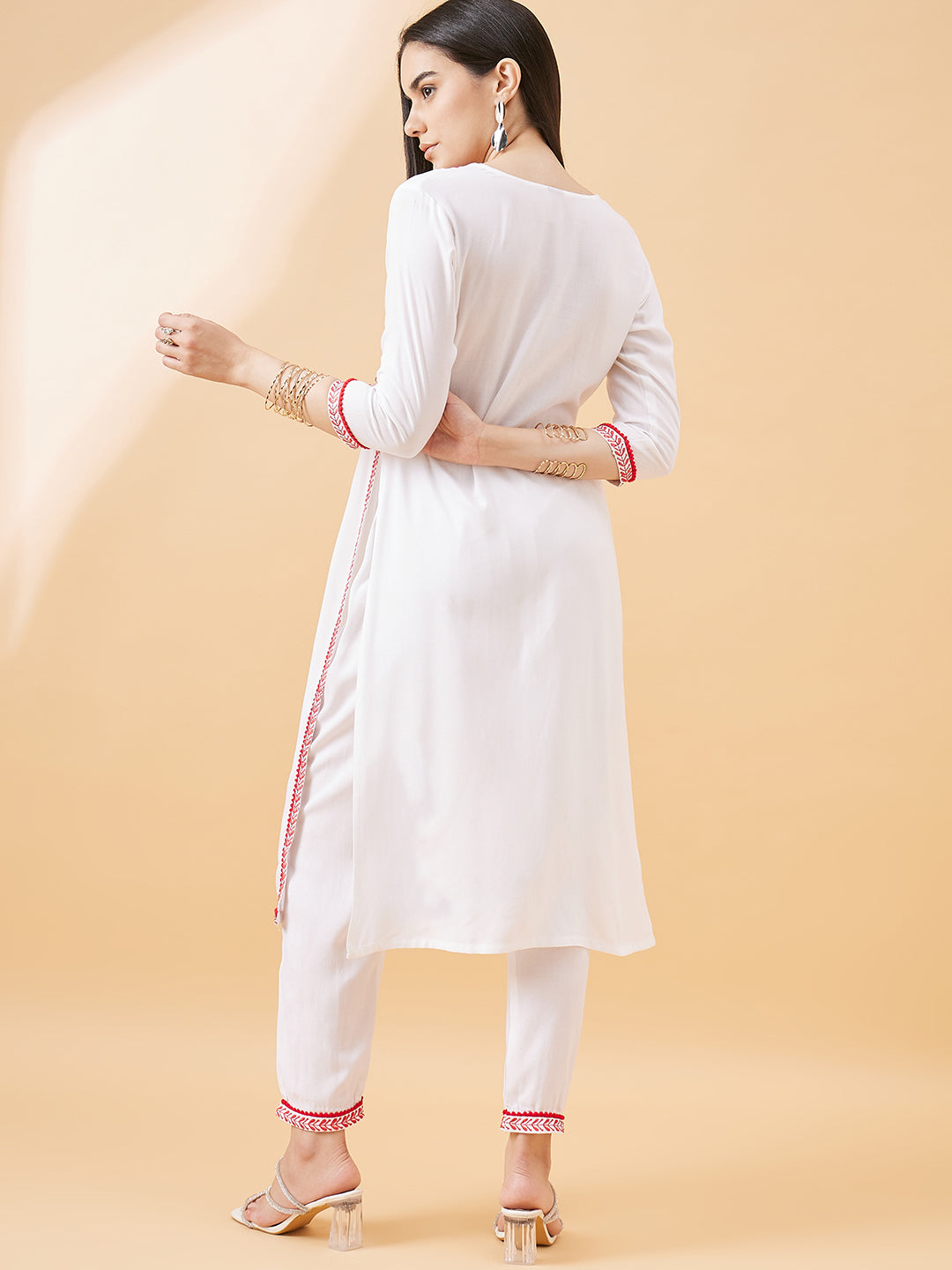 White & Red Embroidered Straight Kurta Set with Pants