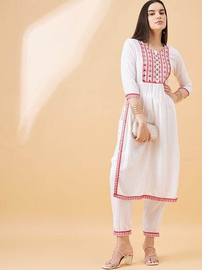 White & Red Embroidered Straight Kurta Set with Pants