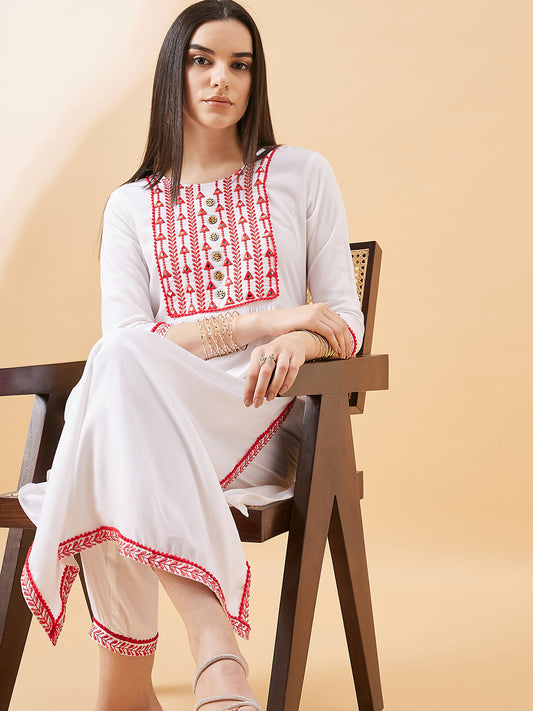 White & Red Embroidered Straight Kurta Set with Pants