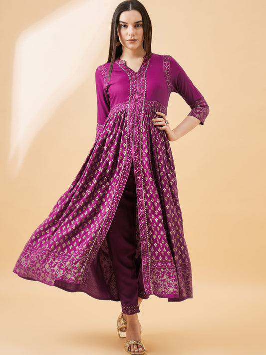 Women's Ethnic Anarkali Kurta with Printed Pattern & Solid Pants