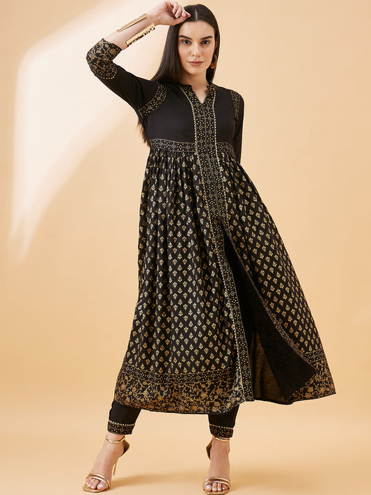 Elegant Black & Gold Printed Anarkali Kurta Set for Women