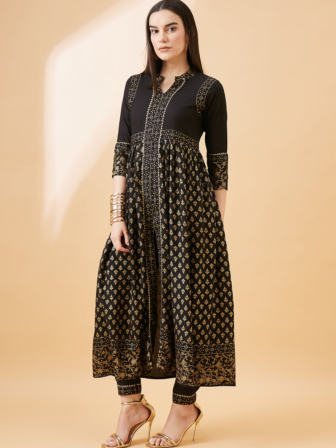 Elegant Black & Gold Printed Anarkali Kurta Set for Women
