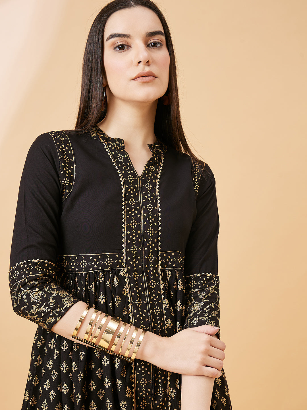 Elegant Black & Gold Printed Anarkali Kurta Set for Women