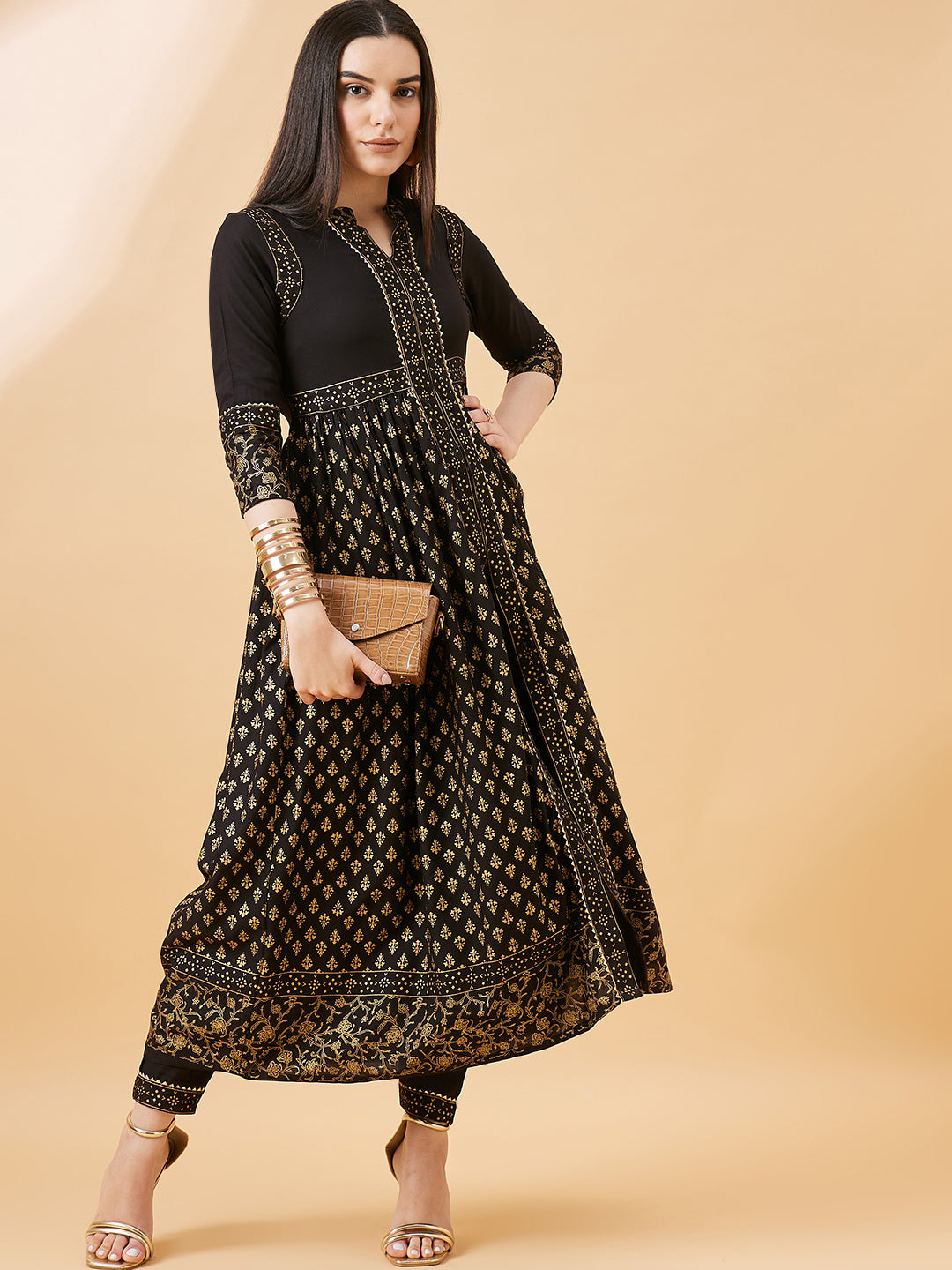 Elegant Black & Gold Printed Anarkali Kurta Set for Women