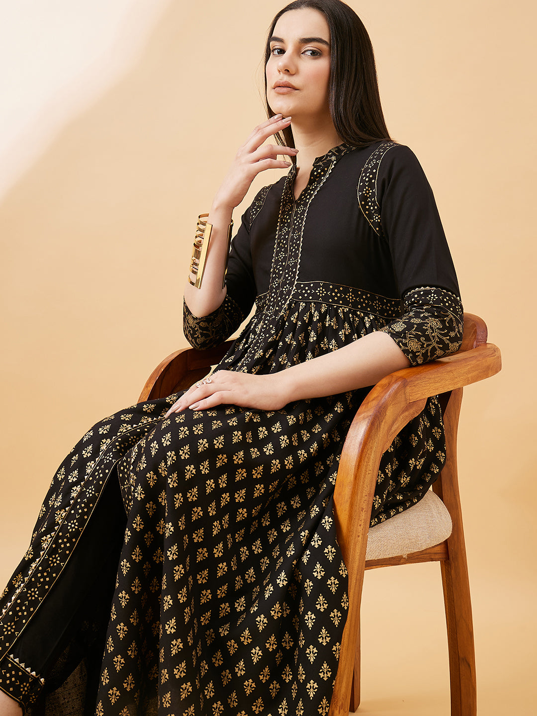 Elegant Black & Gold Printed Anarkali Kurta Set for Women
