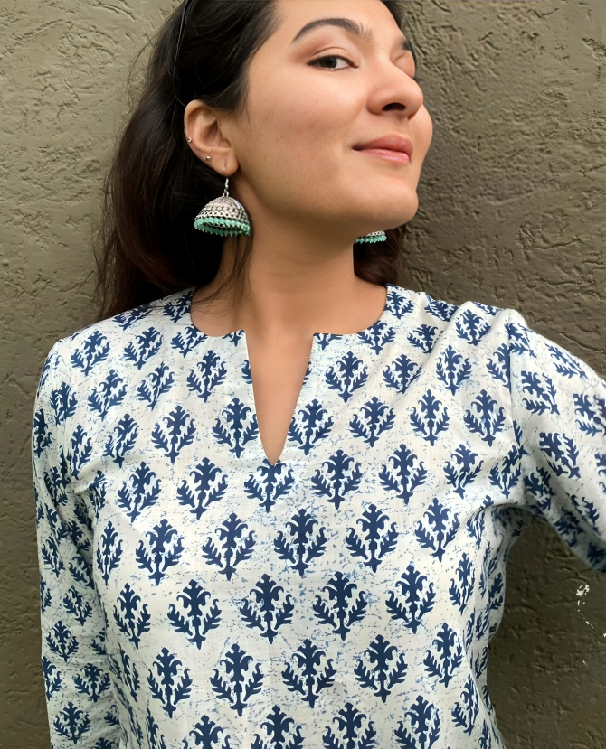 Off-White & Blue Handblock Printed Cotton Top for Women