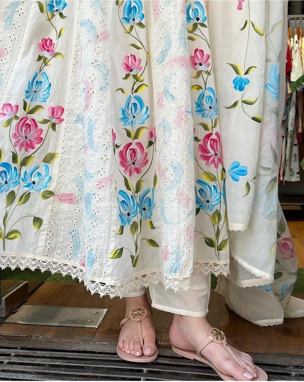 Elegant Floral Embroidered Cotton Anarkali Kurta Set with Dupatta