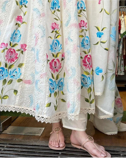 Elegant Floral Embroidered Cotton Anarkali Kurta Set with Dupatta