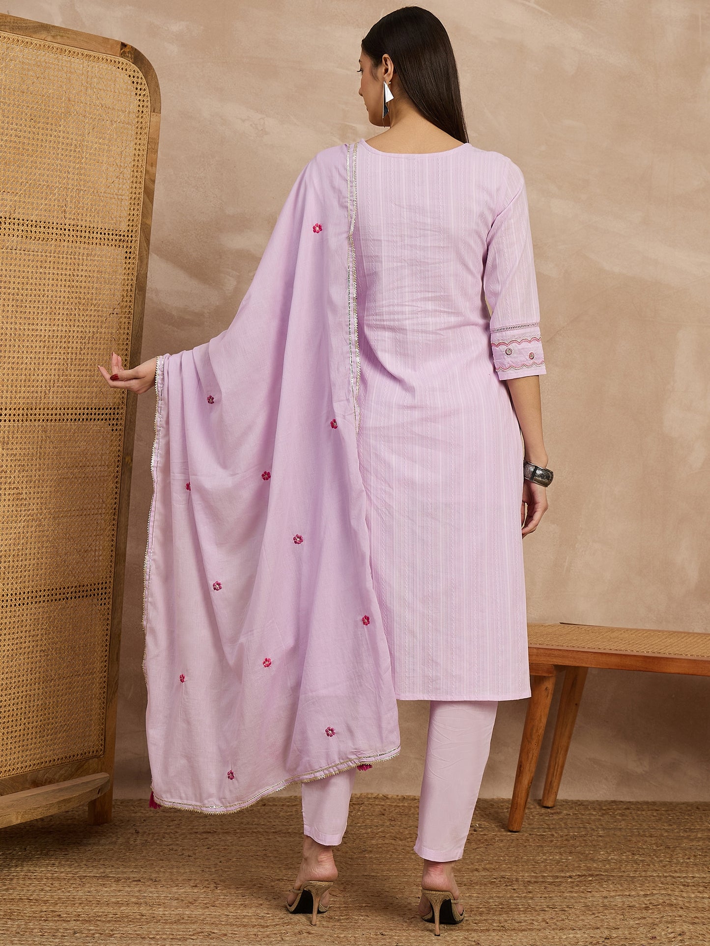 Lilac Embroidered Cotton Suit Set for Women