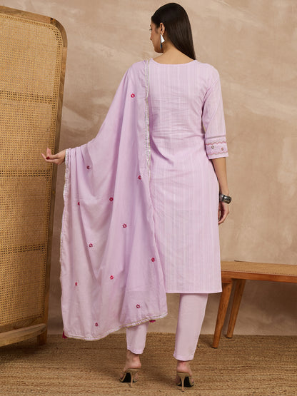 Lilac Embroidered Cotton Suit Set for Women